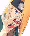  1boy blonde_hair blue_eyes deidara_(naruto) extra_mouth extra_tongue forehead_protector hair_over_one_eye hand_mouth headband highres male_focus naruto_(series) naruto_shippuuden open_mouth sekisei smile solo tongue tongue_out upper_body 