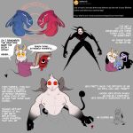 1:1 2024 anthro blarf_(blarf022) blue_fire book bovid caprine caprine_demon colored_fire demon dialogue english_text fire furby_(twistedfurby) gesture goat goat_demon handshake hi_res humanoid kinx_(blarf022) male mammal q&amp;a red_sclera text twistedfurby