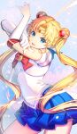  1girl bishoujo_senshi_sailor_moon blonde_hair blue_eyes blue_sailor_collar blue_skirt bow choker crescent double_bun earrings elbow_gloves gloves hair_bun hair_ornament heart heart_choker highres jewelry long_hair looking_at_viewer red_bow red_choker sailor_collar sailor_moon sailor_senshi sailor_senshi_uniform skirt smile solo tiara tsukino_usagi twintails umipro white_gloves 