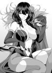  1girl breasts character_request chicke_iii cleavage closed_mouth copyright_request dagger elbow_gloves flower gloves greyscale hair_between_eyes hair_flower hair_ornament hand_up highres holding holding_dagger holding_knife holding_weapon knee_up knife large_breasts long_sleeves monochrome pantyhose sitting smile solo torn_clothes torn_pantyhose weapon 