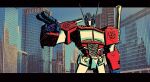  autobot blue_eyes city cowboy_shot josh_burcham letterboxed mecha no_humans optimus_prime pointing robot science_fiction solo transformers 