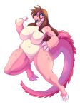  2022 alligator alligatorid anthro big_breasts blue_eyes breasts brown_hair claws crocodilian digital_media_(artwork) eyelashes featureless_breasts featureless_crotch female gesture hair long_hair looking_at_viewer menmen nude overweight overweight_female pink_body pink_scales reptile scales scalie seamen smile solo thick_thighs waving waving_at_viewer 