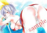  1girl arim0k0 ass bent_over bikini bracelet breasts closed_mouth grey_hair hair_ribbon highres holding holding_sword holding_weapon jewelry large_breasts long_hair looking_at_viewer looking_back outdoors panties ponytail red_bikini red_eyes ribbon sample_watermark solo swimsuit sword touhou traditional_media underwear watatsuki_no_yorihime weapon white_panties yellow_ribbon 