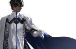  1boy arjuna_(fate) black_hair blue_cape cape closed_mouth commentary_request dark-skinned_male dark_skin fate/grand_order fate_(series) gloves hair_between_eyes highres korean_commentary male_focus potato_goril simple_background solo two-tone_cape white_background white_cape white_gloves 