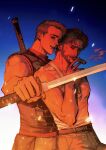  2boys absurdres amuii belt brown_eyes brown_hair cigar cowboy_shot deadpool dog_tags english_commentary facial_hair head_tilt highres holding holding_sword holding_weapon katana light_brown_hair looking_at_viewer male_focus marvel mouth_hold multiple_boys muscular muscular_male pants pectorals short_hair sleeveless smirk smoke smoking sword tank_top weapon white_tank_top wolverine_(x-men) x-men x-men_film_series x-men_origins:_wolverine yaoi 