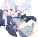  1girl backpack bag bangs black_jacket blue_archive blue_hair blush grey_shirt grey_skirt hair_ornament halo highres jacket low_twintails midriff multicolored_hair navel open_clothes open_jacket open_mouth pink_hair purple_eyes reisa_(blue_archive) sailor_collar shading_eyes shirt sidelocks simple_background skirt smile solo supershiruco twintails two-tone_hair white_background 