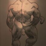  1:1 ambiguous_form ambiguous_species anus balls faceless_character faceless_male genitals laser_(artist) male monochrome muscular muscular_male perineum rear_view simple_background solo 