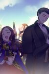  1boy 3girls black_bow black_coat black_hair black_pants blue_gloves blush bow breasts brown_dress brown_eyes brown_hair closed_eyes coat dress echo_(circa) elbow_gloves facial_mark fate/grand_order fate_(series) forehead forehead_mark gauntlets gloves grey_vest hair_bow hair_over_one_eye hair_slicked_back leonardo_da_vinci_(fate) leonardo_da_vinci_(rider)_(fate) leonardo_da_vinci_(rider)_(first_ascension)_(fate) long_hair long_sleeves mash_kyrielight mash_kyrielight_(ortenaus) multiple_girls nezha_(fate) novum_chaldea open_mouth outdoors pants parted_bangs pink_hair ponytail puff_and_slash_sleeves puffy_short_sleeves puffy_sleeves red_skirt sherlock_holmes_(fate) shield short_hair short_sleeves short_twintails single_gauntlet skirt small_breasts smile twintails vest white_gloves 