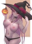  1girl absurdres black_panties blush breasts cameltoe choker hat highres hololive jack-o&#039;-lantern jewelry long_hair looking_at_viewer mori_calliope myth1carts navel necklace nipples panties pink_hair red_eyes solo sweatdrop topless underwear underwear_only virtual_youtuber witch_hat 