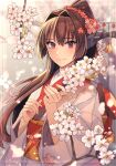  1girl alternate_costume brown_hair cherry_blossoms closed_mouth floral_print flower hair_intakes headgear highres holding holding_flower japanese_clothes kantai_collection kasumi_(skchkko) kimono long_hair looking_at_viewer obi pink_kimono ponytail purple_eyes red_sash sash sidelocks smile solo upper_body very_long_hair wide_sleeves yamato_(kancolle) 