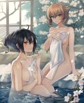  2girls bangs black_hair branch breasts brown_hair collarbone commentary covering green_eyes hair_between_eyes hair_up highres kantai_collection kasumi_(skchkko) large_breasts looking_at_viewer multiple_girls mutsu_(kancolle) nagato_(kancolle) nude nude_cover onsen outdoors partially_submerged red_eyes short_hair sitting smile towel 