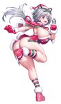  1girl asahi_(fullmetal_madness) ass breasts full_body fur-trimmed_footwear fur-trimmed_headwear fur-trimmed_leotard fur-trimmed_mittens fur_trim green_ribbon green_socks grey_hair hair_ribbon hat highres koume_mikake large_breasts leotard lilith-soft long_hair mittens multicolored_socks open_mouth pom_pom_(clothes) purple_eyes red_footwear red_hat red_leotard red_mittens red_ribbon red_socks ribbon santa_hat shoe_blade socks solo standing standing_on_one_leg striped_clothes striped_socks taimanin_(series) two-tone_ribbon white_socks 