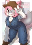;3 ;p acky05 anthro artist_logo blue_clothing blush blush_lines body_blush boots breast_blush breasts canid canine character_request chest_tuft claws cleavage clothed clothing collarbone coveralls female finger_claws footwear fur hair hat headgear headwear hi_res inner_ear_fluff leaning leaning_forward logo looking_at_viewer mammal multicolored_body multicolored_fur one_eye_closed peace_symbol pink_eyes pink_hair rolled_up_sleeves shadow shoes signature simple_background solo tail tongue tongue_out tuft wink winking_at_viewer