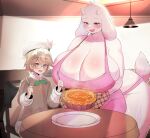  anthro apron apron_only big_breasts blush bodily_fluids boss_monster bovid breasts caprine cleavage clothed clothing cutlery dessert duo eyewear female floppy_ears food fork furniture glasses goat grey_eyes grey_hair hair handwear hat headgear headwear hi_res holding_fork holding_knife holding_object horn huge_breasts huge_hips huge_thighs human kakuteki11029 kitchen_utensils knife male mammal mostly_nude open_mouth oven_mitts pie plate purple_eyes shirt sweat sweaty_breasts table thick_thighs tools topwear toriel undertale undertale_(series) video_games white_body white_skin wide_hips 