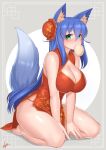  1girl animal_ear_fluff animal_ears baozi blue_hair blush breasts bun_cover china_dress chinese_clothes cleavage cleavage_cutout clothing_cutout dress floral_print food fox_ears fox_girl fox_tail full_body fuyubare_kiyo gold_trim green_eyes grey_background hair_between_eyes hair_bun kneeling kyu_(wein-seria) large_breasts long_hair looking_at_viewer looking_to_the_side mouth_hold original pelvic_curtain red_dress side_slit signature sleeveless sleeveless_dress solo tail thighs very_long_hair 