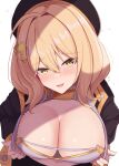  anis_(nikke) black_headwear blush breasts cleavage cleavage_cutout clothing_cutout goddess_of_victory:_nikke hair_ornament highres large_breasts looking_at_viewer presenting wabimochi yellow_eyes 
