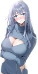  1girl absurdres blue_eyes blue_hair blush breasts cleavage cleavage_cutout closed_mouth clothing_cutout crossed_arms highres hip_vent large_breasts light_blue_hair looking_at_viewer meme_attire original raitho sleeves_past_wrists solo virgin_killer_sweater white_background 