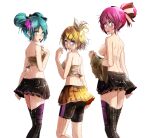  3girls aqua_eyes aqua_hair back bare_arms bare_shoulders black_shorts black_skirt blonde_hair blue_eyes breasts cheerleader from_behind hair_ribbon hatsune_miku highres kagamine_rin large_breasts long_hair looking_back medium_breasts megurine_luka multiple_girls open_mouth pink_hair project_diva_(series) ribbon short_hair shorts simple_background skirt standing thighhighs thighs tsukishiro_saika vocaloid wet wet_clothes white_background white_ribbon yellow_skirt 