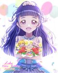  1other 3girls asahina_mirai blue_dress bouquet character_name crystal_earrings dated dress earrings flower frills george_storming hanami_kotoha happy_birthday highres izayoi_liko jewelry lips long_hair looking_at_viewer mahou_girls_precure! minigirl mofurun_(mahou_girls_precure!) multiple_girls open_mouth petals precure purple_eyes purple_hair smile upper_body white_background 