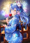  1girl absurdres bag bangs blue_hair blurry blurry_background blush breasts candy_apple fireworks floral_print food hair_ornament hairclip high_ponytail highres holding holding_food hololive japanese_clothes kimono large_breasts looking_at_viewer mask mask_on_head night night_sky outdoors pointy_ears ponytail rin_yuu scan simple_background sky solo wide_sleeves yellow_eyes yukihana_lamy 