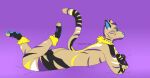 2024 3_toes 4_fingers agton_(tabbyseraph) ankle_tuft anthro arm_markings artist_name biped black_body black_fur black_markings black_tail blue_eyes blue_inner_ear blue_nose blue_pawpads cheek_tuft chest_markings crossed_arms digital_drawing_(artwork) digital_media_(artwork) ear_markings facial_markings facial_tuft feet felid feline fingerless_(marking) fingers flat_colors forehead_markings full-length_portrait fur fur_markings fur_tuft gloves_(marking) hair handpaw head_markings hi_res hindpaw hip_markings leg_markings leg_tuft lgbt_pride lying male mammal markings multicolored_body multicolored_ears multicolored_fur multicolored_markings multicolored_tail neck_markings neck_tuft nonbinary_(lore) nonbinary_pride_colors nude occipital_markings on_front pawpads paws plantigrade portrait pride_color_markings pride_colors pupils purple_background purple_body purple_fur purple_hair purple_markings purple_stripes purple_tail ruff shoulder_markings side_view simple_background slit_pupils snout snout_markings socks_(marking) solo striped_body striped_fur stripes tabbyseraph tail tan_body tan_ears tan_fur tan_tail toeless_(marking) toes tuft two_tone_ears wavy_tail white_body white_fur white_markings yellow_body yellow_fur yellow_markings yellow_sclera yellow_stripes yellow_tail yellow_tuft
