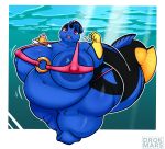  absurd_res acanthurid anthro belly big_belly big_breasts bikini breasts chubby_female clothing drokmars eating female fish hi_res holding_object huge_breasts hyper hyper_belly hyper_breasts marine overweight overweight_female paracanthurus slightly_chubby solo swimwear thick_thighs tight_clothing weight_gain 