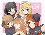  5girls :d ^_^ aayh black_hat black_jacket black_necktie blonde_hair border brown_eyes brown_hair closed_eyes collarbone commentary_request flower green_eyes grey_border grin hair_flower hair_ornament hairband hand_up hat heart heart_hands heart_hands_duo ichihara_nina idolmaster idolmaster_cinderella_girls idolmaster_million_live! jacket long_hair multiple_girls nakatani_iku necktie ogami_tamaki one_side_up open_clothes open_jacket pink_background pink_hairband plaid_clothes plaid_shirt red_flower red_rose red_shirt rose sakurai_momoka shirt smile suou_momoko tilted_headwear translation_request very_long_hair wrist_cuffs 