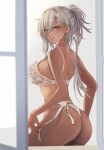  1girl adjusting_underwear ass bra brown_eyes commentary dark-skinned_female dark_skin g-string garter_belt glasses highres indoors kantai_collection kasumi_(skchkko) long_hair looking_at_viewer looking_back musashi_(kancolle) musashi_kai_ni_(kancolle) ponytail shoulder_blades solo thong underwear underwear_only white_bra white_hair window 