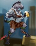  alcohol anthro beer beverage black_hair black_hooves black_tail bottomwear clothed clothing equid equine full-length_portrait glistening glistening_eyes green_eyes grey_body hair holding_beverage holding_object hooves horse laser laser_(artist) leather leather_bottomwear leather_clothing leather_pants legwear male mammal mouth_closed pants portrait short_hair signature simple_background solo standing three-quarter_view topwear white_clothing white_topwear 
