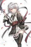  1girl dtto. highres jiang_shennong red_eyes scythe short_hair skirt thighhighs utaite_(singer) virtual_youtuber white_hair 