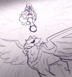  ambiguous_gender ambush avian bird black_and_white cloudscape corviknight digital_drawing_(artwork) digital_media_(artwork) duo fairy female feral fighting_pose flying generation_8_pokemon generation_9_pokemon hi_res holding_object holding_weapon humanoid leaked_pokemon monochrome nintendo pokemon pokemon_(species) pose red_eyes sam_a_jamm sky tinkaton video_games weapon 