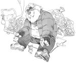  2022 anthro belly biped bottomwear clothing eyes_closed felid hi_res humanoid_hands kemono lion male mammal mature_male monochrome overweight overweight_male pantherine pants shirt sitting solo topwear yamakake 