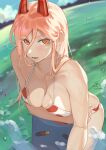  1girl arm_under_breasts bare_shoulders bikini blue_sky blush breast_padding breasts chainsaw_man cleavage cloud collarbone day demon_girl demon_horns fadingz hair_between_eyes highres horns leaning_on_object lips medium_breasts orange_eyes outdoors parted_lips pink_hair polka_dot polka_dot_bikini power_(chainsaw_man) red_horns sharp_teeth skindentation sky solo swimsuit symbol-shaped_pupils teeth wading water 