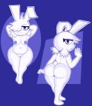  abstract_background absurd_res annie_(disfigure/rafielo) anthro areola belly blackmore butt ears_up female hair hair_over_eye hi_res lagomorph leporid looking_at_viewer looking_back mammal navel nipples nude one_eye_obstructed rabbit raised_tail solo 