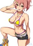  1girl ;q arm_at_side belt belt_buckle bikini bikini_under_clothes body_blush bracelet breasts brown_eyes buckle chain cleavage cowboy_shot cross cross_necklace denim denim_shorts earrings eyelashes fingernails green_nails groin hand_up heart heart_earrings high_heels highres idolmaster idolmaster_cinderella_girls jewelry jougasaki_mika leg_up legs_apart licking_lips long_fingernails looking_at_viewer medium_breasts micro_bikini nail_polish necklace one_eye_closed pink_hair ponytail revision shoelaces short_shorts shorts sideboob simple_background smile solo standing stomach strap_gap string_bikini suna_(sandworks) swimsuit teeth tongue tongue_out underboob v white_background white_belt yellow_bikini 