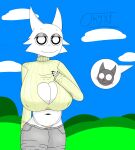 absurd_res ambiguous_species anthro aroused aroused_by_another aroused_face big_breasts blood bodily_fluids bottomwear bottomwear_down breasts cleavage cleavage_cutout clothed clothing cutout denim denim_bottomwear denim_clothing domestic_cat duo felid feline felis female gray_(sprunki) grey_bottomwear grey_clothing grey_jeans grey_pants hi_res huge_breasts jeans jeans_down male mammal navel nipple_outline nosebleed onyxmeow pants pants_down partially_clothed simple_background sweater thong topwear underwear wenda_(sprunki)