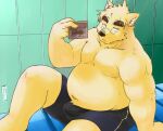  2022 anthro belly black_nose bulge canid canine canis clothing detailed_background domestic_dog eyewear glasses inuryu kemono male mammal moobs navel overweight overweight_male sitting solo underwear 