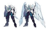  angel_wings arm_cannon clenched_hands eien_project full_body gundam gundam_aerial gundam_suisei_no_majo gundam_wing:_endless_waltz highres mecha mobile_suit pinguinkotak purple_eyes redesign reference_sheet robot science_fiction sketch standing v-fin weapon white_background white_wings wing_gundam_zero_custom wings 