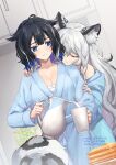  2girls animal_ear_fluff animal_ears arknights bangs black_hair blue_eyes blue_kimono braid breasts cleavage closed_eyes closed_mouth collarbone commentary_request cup dutch_angle food gogatsu_fukuin grey_hair hair_between_eyes highres holding holding_cup indoors japanese_clothes jug kimono kjera_(arknights) large_breasts leopard_ears leopard_girl leopard_tail long_hair milk mug multicolored_hair multiple_girls off_shoulder pancake pancake_stack parted_lips pouring pramanix_(arknights) smile streaked_hair tail very_long_hair yuri 