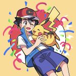  1boy ;d ash_ketchum bangs black_hair blue_jacket brown_eyes commentary_request confetti hat highres jacket male_focus one_eye_closed open_mouth pikachu pokemon pokemon_(anime) pokemon_(creature) pokemon_journeys red_headwear shirt short_hair short_sleeves shorts sleeveless sleeveless_jacket smile sutokame t-shirt tongue white_shirt 