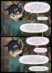 3d_(artwork) anthro black_hair blue_body blue_fur bottomwear clothed clothing comic denim denim_bottomwear denim_clothing desk dialogue digital_media_(artwork) digitigrade duo electronics english_text female fur furniture hair hi_res jeans mammal pants pillow procyonid purple_eyes raccoon ryder_(striped_sins) shirt sofa solo speech_bubble striped_sins t-shirt table tail text topwear url willitfit