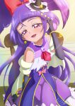  1girl black_gloves blush bracelet brooch crystal cure_magical dress earrings elbow_gloves gloves hat highres izayoi_liko jewelry long_hair looking_at_viewer magical_girl mahou_girls_precure! mini_hat mini_witch_hat precure purple_dress purple_eyes purple_hair shawl solo tiler_(tiler00) very_long_hair witch_hat 