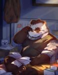  2022 anthro belly book cai_yuwang clothing detailed_background giant_panda humanoid_hands kemono male mammal overweight overweight_male scar shirt sitting solo topwear ursid 