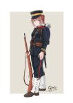  1girl artist_name black_jacket black_pants border brown_hair dated hat highres holding holding_weapon imperial_japanese_army jacket long_sleeves military military_hat military_uniform original pants ponytail qian smile solo type_38_rifle uniform weapon white_border 
