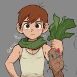  1boy absurdres anger_vein brown_eyes brown_hair chilchuck_tims commentary dungeon_meshi english_commentary green_scarf highres holding male_focus mandrake_(dungeon_meshi) meme scarf signature solo sweat syaoran_(0027) tank_top toned toned_male underwear uohhhhhhhhh!_(meme) upper_body 
