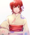  1girl closed_mouth flower hair_flower hair_ornament iria_animi japanese_clothes kimono looking_at_viewer penguu_(green528) red_eyes red_hair short_hair simple_background solo tales_of_(series) tales_of_innocence white_background 