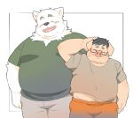  2022 anthro black_nose blush bottomwear canid canine canis clothing domestic_dog domestic_pig duo eyes_closed eyewear glasses inunoshippo kemono male mammal overweight overweight_male pants shirt suid suina sus_(pig) topwear 