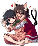  2girls :/ :d animal_ears barefoot black_hair book cat_ears chen dress eyes_visible_through_hair floppy_ears heart heart-shaped_pupils heart_tail highres inaba_tewi kneeling kusiyan lovestruck multiple_girls nekomata no_headwear pink_dress rabbit_ears reaching reading red_eyes sitting smile spoken_heart symbol-shaped_pupils tail toenails toes touhou uninterested yuri 