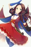  1girl black_bow blue_cape blue_gloves blue_pantyhose blush bow breasts brown_cape brown_dress brown_hair cape dress echo_(circa) elbow_gloves fate/grand_order fate_(series) forehead gauntlets gloves gold_trim green_eyes hair_bow leonardo_da_vinci_(fate) leonardo_da_vinci_(rider)_(fate) leonardo_da_vinci_(rider)_(first_ascension)_(fate) long_hair looking_at_viewer pantyhose parted_bangs ponytail puff_and_slash_sleeves puffy_short_sleeves puffy_sleeves red_skirt short_sleeves simple_background single_gauntlet skirt small_breasts smile solo thighs 