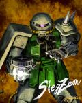  cable commentary_request emblem english_text firing firing_at_viewer gun gundam machine_gun machinery mecha mecha_focus mobile_suit mobile_suit_gundam no_humans one-eyed purple_eyes robot roundel science_fiction scope shield shinpei_(shimpay) shoulder_spikes signature spikes weapon zaku zaku_ii zeon 
